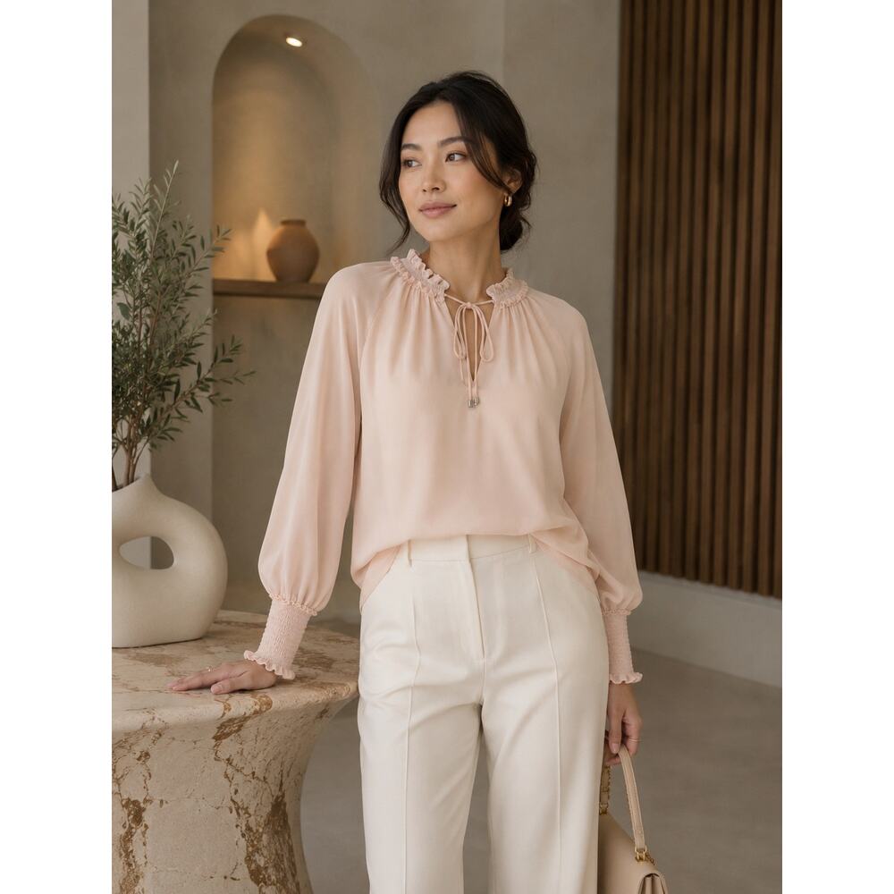 Calvin Klein | Chiffon Crew Neck Long Sleeve Smocked Cuff Tie-Front Blouse